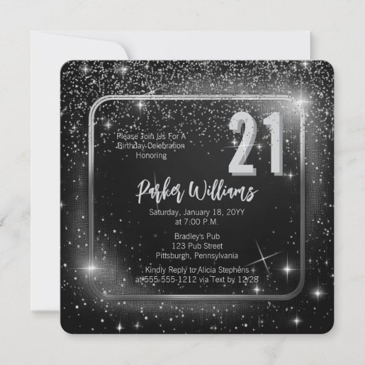 Glitzy Sparkles | Stars Silver 21st Birthday Party Kaart (Voorkant)