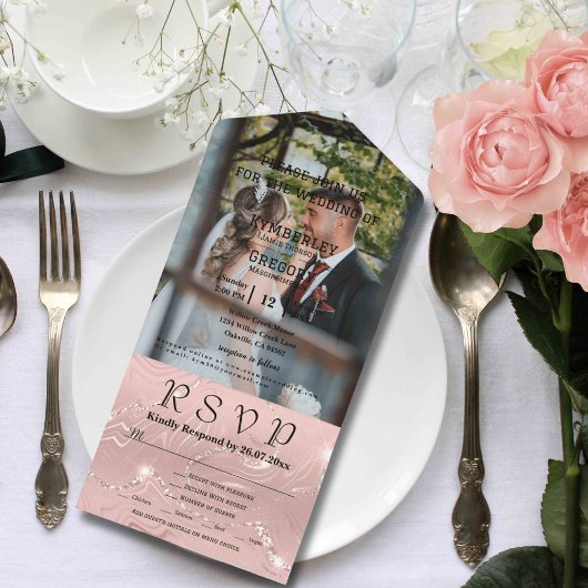 Glitzy Sparkly Blush Roze Zilver Foto All In One Uitnodiging