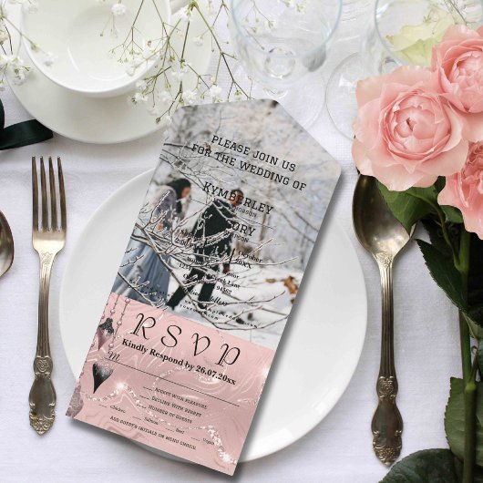 Glitzy Sparkly Blush Roze Zilver Foto Kerstmis All In One Uitnodiging