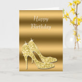Glitzy Sparkly Gold Stiletto Schoenen Verjaardag Kaart (Gele Bloem)