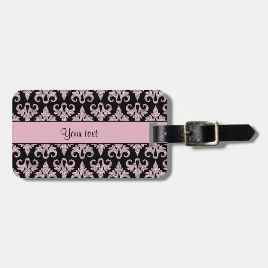 Glitzy Sparkly Pink Glitter Damask Bagagelabel (Voorkant horizontaal)