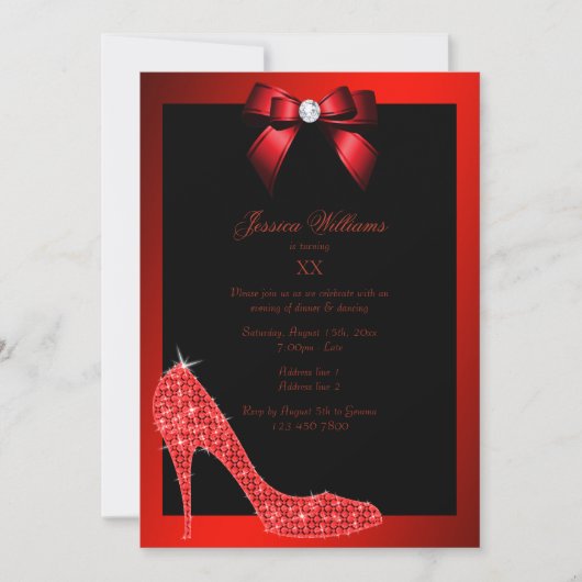 Glitzy Sparkly Stiletto, Red Bow verjaardagsfeestj Kaart (Voorkant)