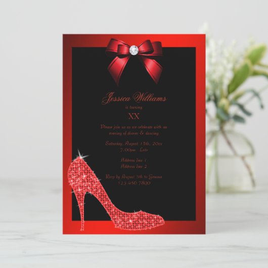 Glitzy Sparkly Stiletto, Red Bow verjaardagsfeestj Kaart (Staand voorkant)