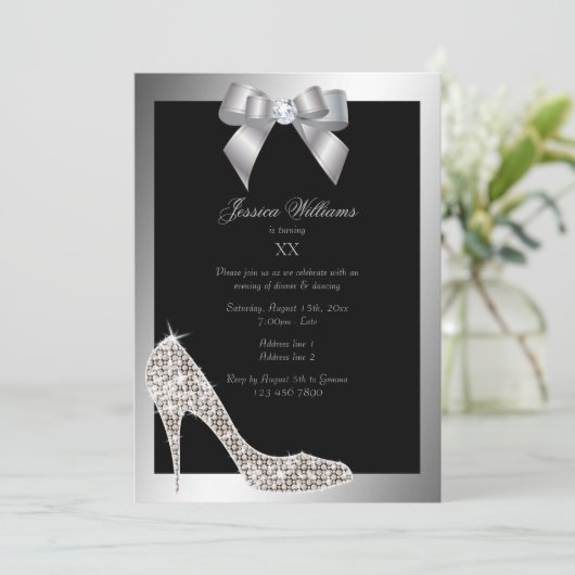 Glitzy Sparkly Stiletto, Silver Bow Verjaardagsfee Kaart (Staand voorkant)