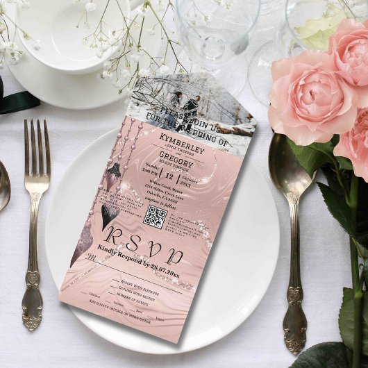 Glitzy Sparkly Zilveren Roze Kerstmis Foto QR Code All In One Uitnodiging