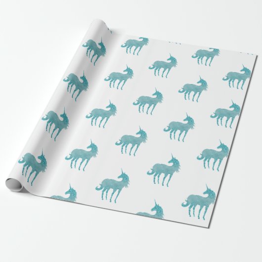 Glitzy White Aqua Sparkle Unicorn Cadeaupapier (Uitgerold)