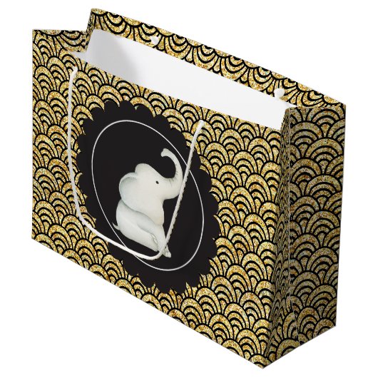 Glitzy white elephant party bag large cadeautasje (Voorkant Gekanteld)