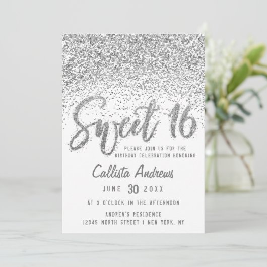 Glitzy White Silver Scattered Glitter Sweet 16 Kaart (Staand voorkant)