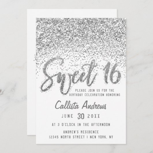 Glitzy White Silver Scattered Glitter Sweet 16 Kaart (Voorkant / Achterkant)