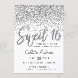 Glitzy White Silver Scattered Glitter Sweet 16 Kaart