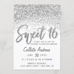 Glitzy White Silver Scattered Glitter Sweet 16 Kaart