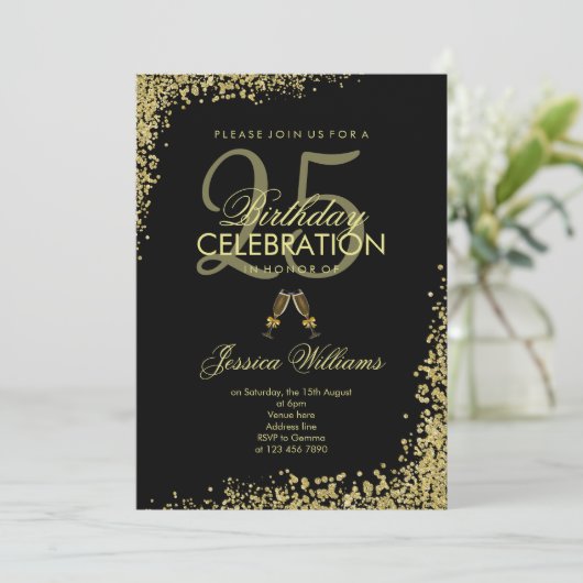 Glitzy Zwart & Goud "Champagne Toast" Verjaardag Kaart (Staand voorkant)