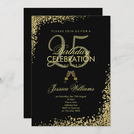 Glitzy Zwart & Goud "Champagne Toast" Verjaardag Kaart (Voorkant / Achterkant)