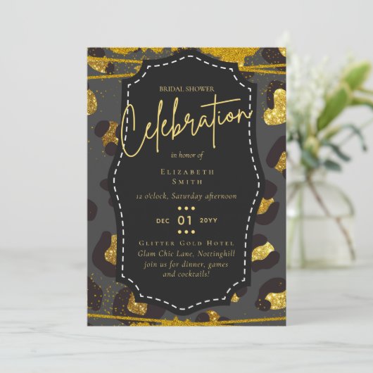 Glitzy Zwart Goud Vrijgezellenfeest Thema Uitnodig Kaart (Staand voorkant)