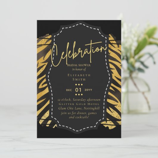 Glitzy Zwart Goud Vrijgezellenfeest Thema Uitnodig Kaart (Staand voorkant)