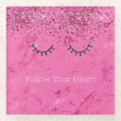 Glitzy Zwart Wimpers Roze Marmer Glitter Glazen Onderzetter (Voorkant)