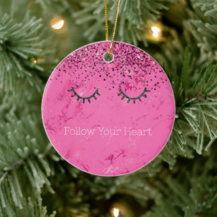 Glitzy Zwart Wimpers Roze Marmer Glitter Keramisch Ornament