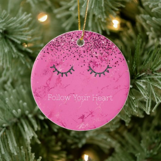 Glitzy Zwart Wimpers Roze Marmer Glitter Keramisch Ornament (Boom)
