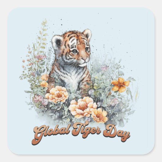 Global Tiger Day, waterverf welp Vierkante Sticker (Voorkant)