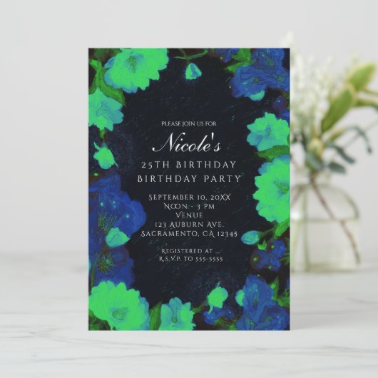 Gloed in de donkere gloeiende bloemen party kaart (Staand voorkant)