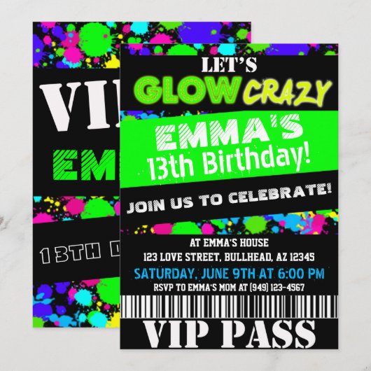 Gloed in de Donkere Neon Party VIP Pass Birthday Kaart (Voorkant / Achterkant)