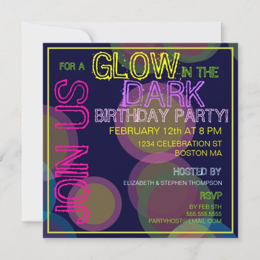 Gloed in de uitnodiging van de Dark Birthday Party (Voorkant)