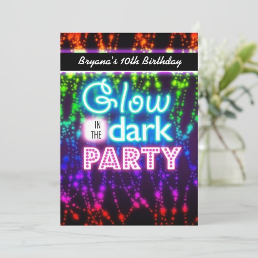 Gloed in het donker neon party uitnodigingen Rainb (Staand voorkant)