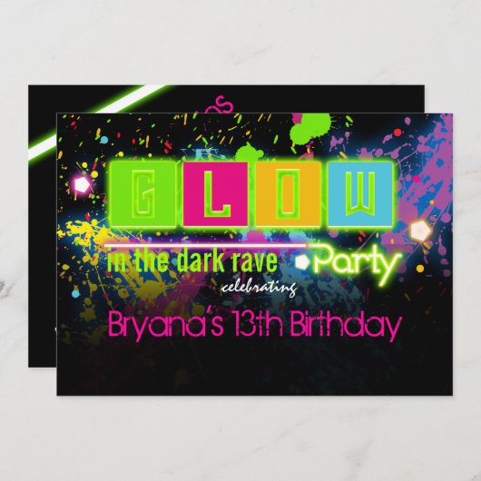 Gloed in het donker neon verf partij uitnodiging (Voorkant / Achterkant)