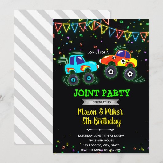 Gloed monster truck-uitnodiging kaart (Voorkant / Achterkant)