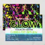 Gloed neon verf splatter verjaardagsfeestje uitnod kaart (Voorkant / Achterkant)