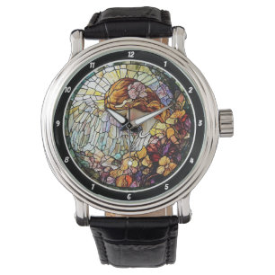 Gloedvol glas-in-lood engel wanddecoratie horloge