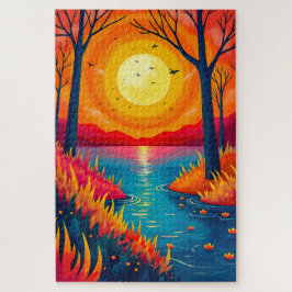 Gloedvolle Rivier bij Zonsondergang Levendig Natuu Legpuzzel