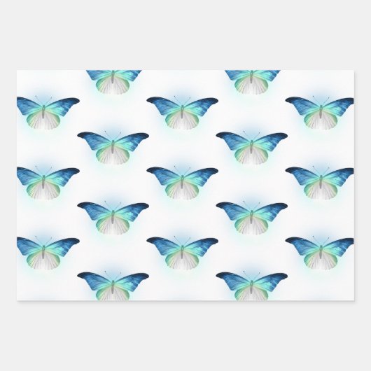 Gloeiend blauw witte vlinders Verjaardag Inpakpapier Vel (Voorkant 3)