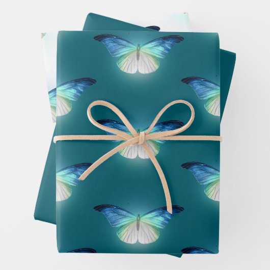 Gloeiend blauw witte vlinders Verjaardag Inpakpapier Vel (In situ)