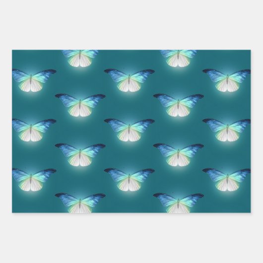 Gloeiend blauw witte vlinders Verjaardag Inpakpapier Vel (Voorkant)