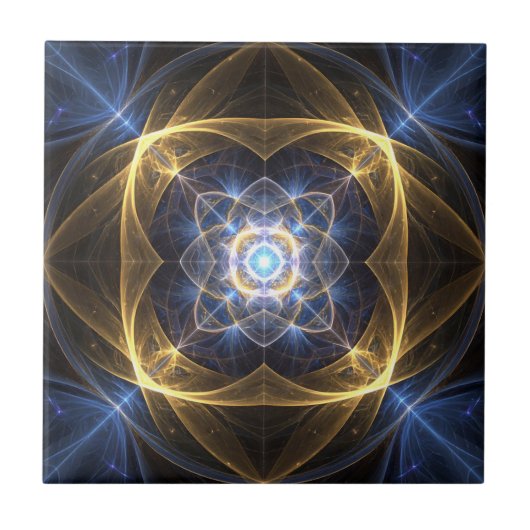 Gloeiend Goud Blauw Fractal Tegel Tegeltje (Voorkant)