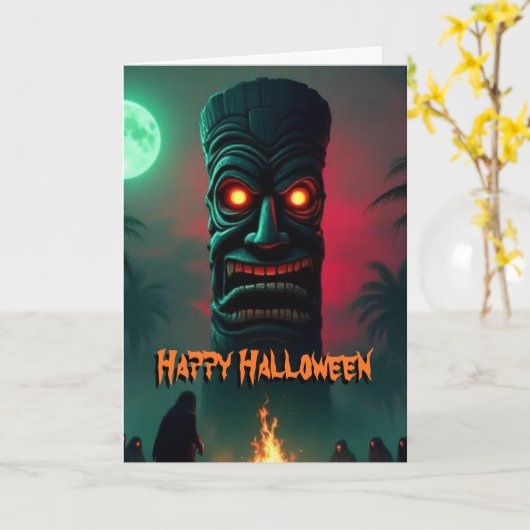 Gloeiend Halloween Tiki standbeeld Kaart (Gele Bloem)