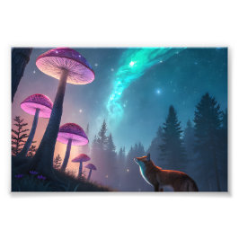 Gloeiend Paddenstoelenbos Vos Fantasie Kunst Foto Afdruk