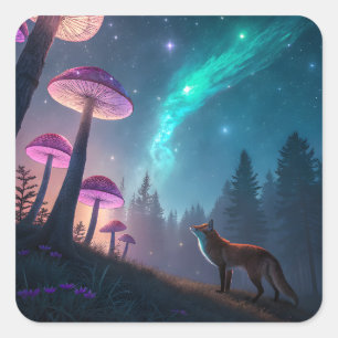 Gloeiend Paddenstoelenbos Vos Fantasie Kunst Vierkante Sticker