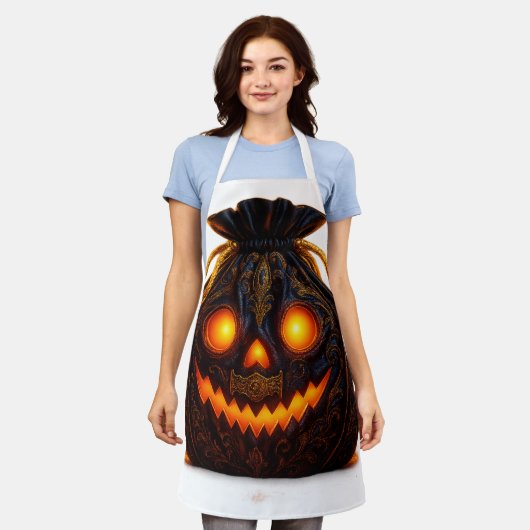 Gloeiend Pompoengezicht Schort | Halloween Keuken (Gedragen)
