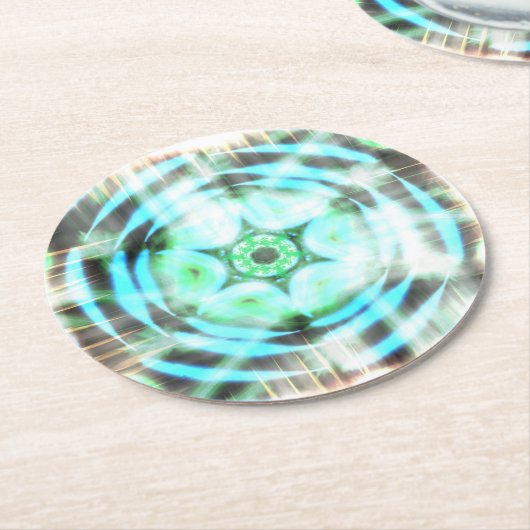 Gloeiend Turquoise Wheel op zwart Abstract Ronde Kartonnen Onderzetter (Gebogen)