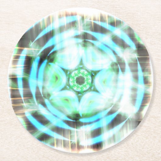 Gloeiend Turquoise Wheel op zwart Abstract Ronde Kartonnen Onderzetter (Voorkant)