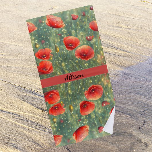 Gloeiend veld van rode klaprozen, personaliseerbaa strandlaken