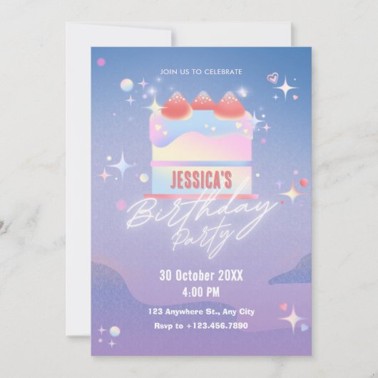 Gloeiende aardbeien taart verjaardag kaart (Voorkant)