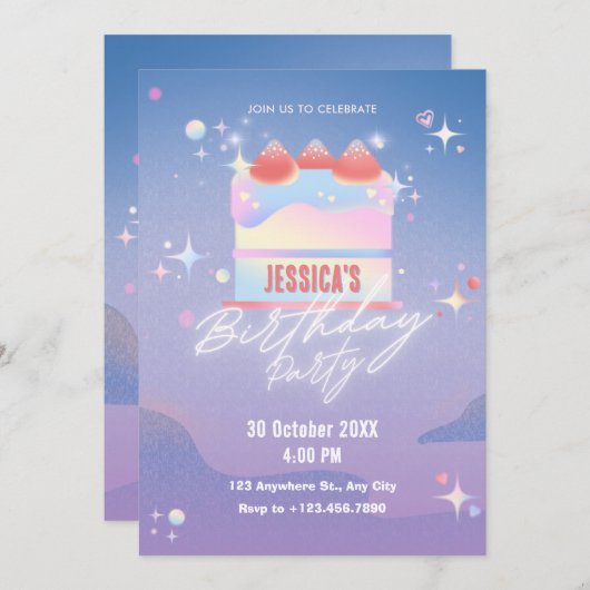 Gloeiende aardbeien taart verjaardag kaart (Voorkant / Achterkant)