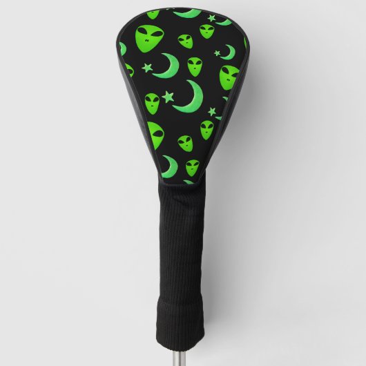 Gloeiende aliens, halve maan en sterren op zwart golfheadcover (Voorkant)