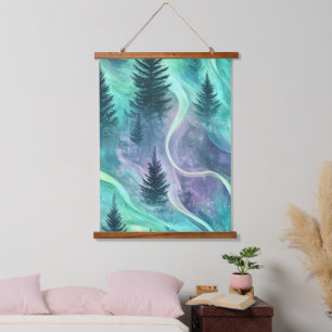 Gloeiende Aurora Boven Dennenbos Nacht Scene Hangend Wandkleed