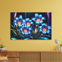 Gloeiende blauwe lelies nacht levendige bloemen fa canvas afdruk