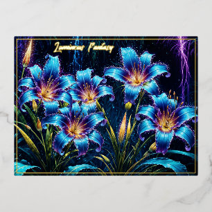 Gloeiende blauwe lelies nacht levendige bloemen fa folie feestdagen briefkaart