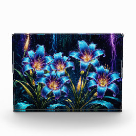 Gloeiende blauwe lelies nacht levendige bloemen fa fotoblokken